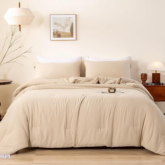 Comforter Set Full Size Bedding, Super Soft Comfy Cozy Solid Double Bed Blanket 1 Down Alternative Comforter and 2 Pillowcase Fluffy Softness Light Weight All Season Use, Khaki Beige