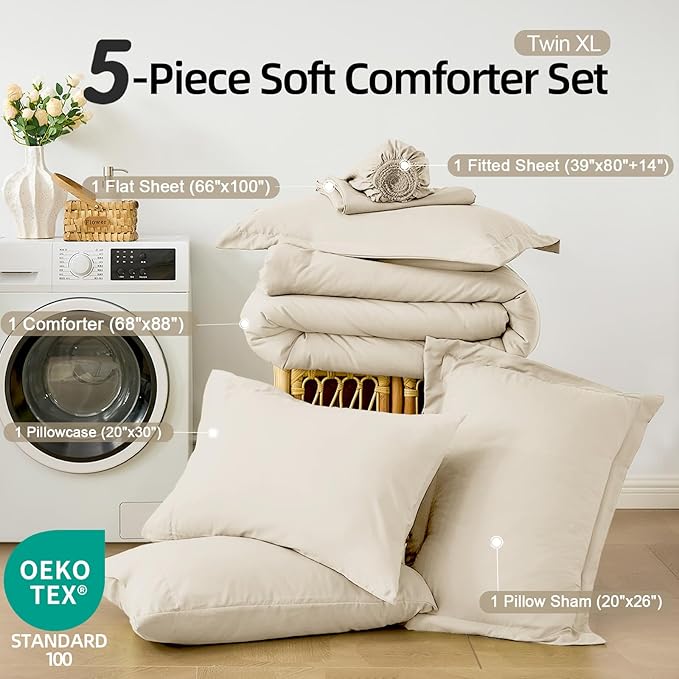 FUANNA Twin XL Comforter Set Cream White, 5 Pieces Soft Twin XL Size Bedding Sets, All Season Lightweight Bed in a Bag with Comforter, Flat Sheet, Fitted Sheet, Pillowcase & Sham