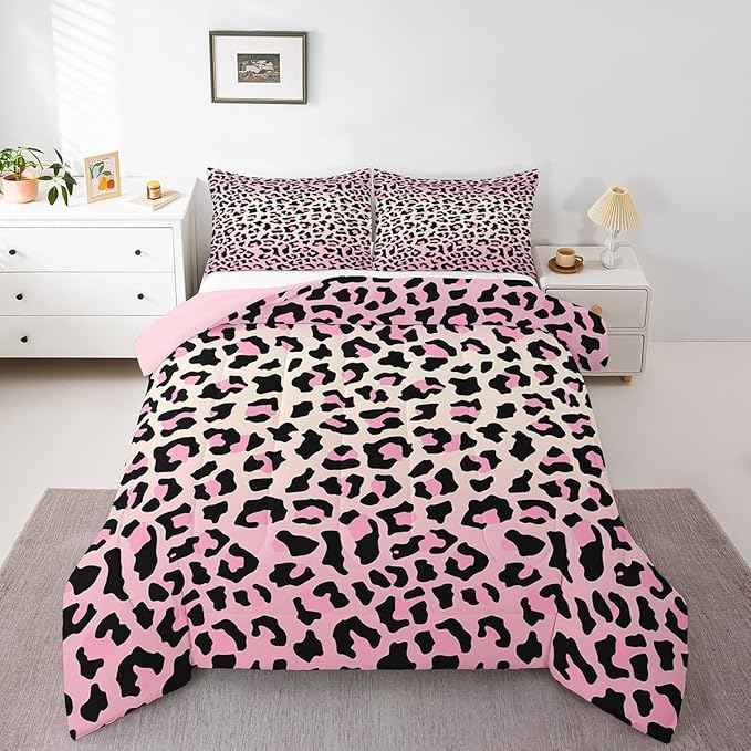 Feelyou Pink Leopard Bedding Set Cheetah Comforter Set for Kids Boys Girls Teens Room Decor Animal Print Comforter King Size Safari Duvet Set 3Pcs