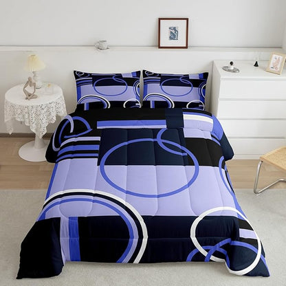 Retro Swirls Bedding Sets Twin Geometric Circles Square Comforter For Kids Girls Teens Blue Black Grey Duvet Set Vintage Graphic Patchwork Quilted Comforter Soft Microfiber Bedding Comforter Sets