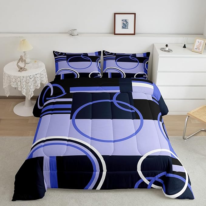 Retro Swirls Bedding Sets Full Geometric Circles Square Comforter For Kids Girls Teens Blue Black Grey Duvet Set Vintage Graphic Patchwork Quilted Comforter Soft Microfiber Bedding Comforter Sets