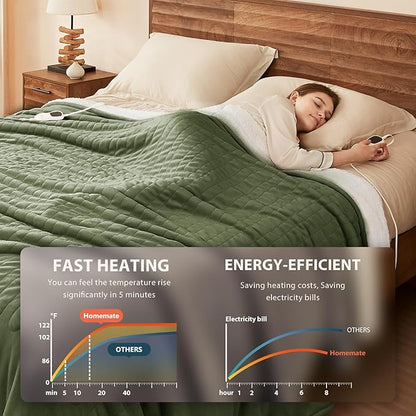 Homemate Electric Heated Blanket King Size - 100"x90" Heating Blanket King Size Dual Control 1/2/4/6/8 Hours Auto-Off 10 Heat Level Over-Heat Protection Flannel Sherpa ETL Certification