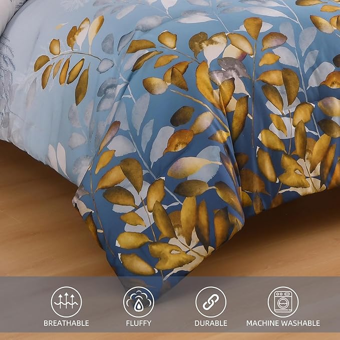 Anibedding Botanical Queen Comforter Set, 7 Piece Blue Gold Gradient Leaves Ultra Soft Microfiber Down Alternative Bedding Set with Sheets and Pillowcase for All Season
