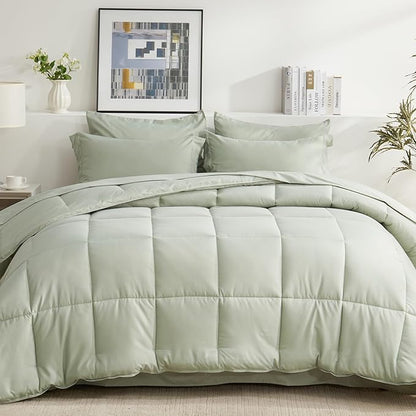 COZYART King Comforter Set 7 Pcs, Sage Green Bed in a Bag, All Season Lightweight Soft Reversible Bedding Set, 1 Comforter, 1 Flat Sheet, 1 Fitted Sheet, 2 Pillow Shams, 2 Pillowcases