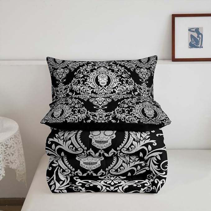 Feelyou Adults White Vintage Damask Floral Comforter Set Oriental Antique Comforter Queen Size Gothic Bohemia Boho Bedding Set Exotic Sugar Skull Duvet Set Quilt Set 3Pcs