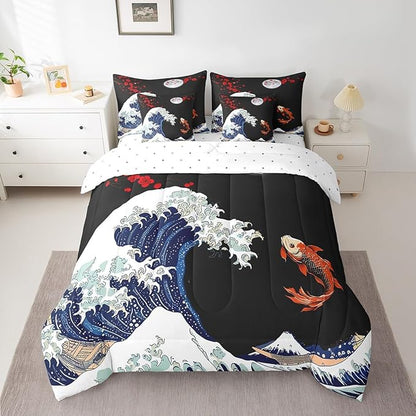 Erosebridal Koi Fish Bed in a Bag 7 Piece,Ukiyo-E Theme Comforter Set King,Abstract Sea Wave Decor Down Comforter,Japanese Style Fitted Sheet,Red Cherry Blsossoms Bedding Set with Pillowcase & Sham