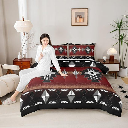 Erosebridal Rustic Western Full Bedding Set, Southwestern Aztec Comforter Set for Boys Teens Men Bedroom, Exotic American Native Quilt Vintage Bohemian Geometric Bedding Comforter Sets, Red Black
