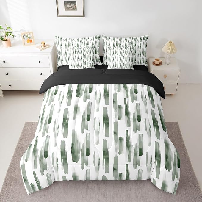 Erosebridal 7Pcs Sage Green Striped Comforter Set King Size,Green and White Geometric Abstract Bed in A Bag,Art Aesthetic Ink Painting Bedding,Contemporary Watercolor Graffiti Boho Quilt