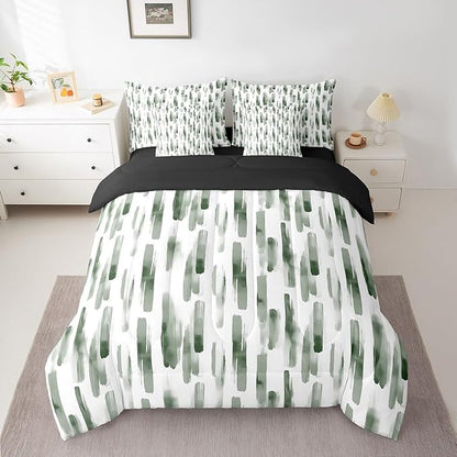 Erosebridal 7Pcs Sage Green Striped Comforter Set Full Size,Green and White Geometric Abstract Bed in A Bag,Art Aesthetic Ink Painting Bedding,Contemporary Watercolor Graffiti Boho Quilt