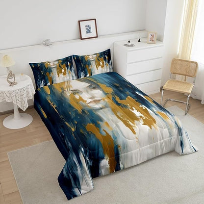 Erosebridal Aesthetic Ombre Comforter Full Abstract Girl Bedding Set, Navy Blue Yellow White Down Comforter Mid Century Oil Painting Bed Set, Watercolor Gradient Quilted Duvet Luxury