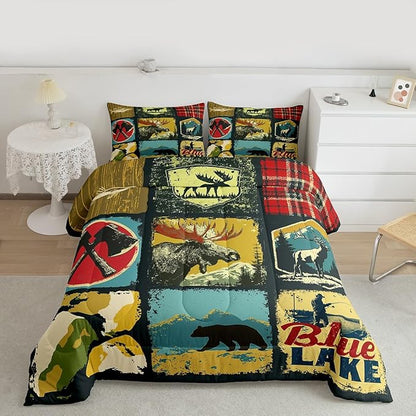 Hunting Bear Comforter Set, Rustic Farmhouse Bedding Sets for Kids Teens Adult Cabin Lodge Decor, Vintage Woodland Wildlife Moose Down Comforter, Retro Buffalo Plaid Quilted Duvet, Yellow Red, Twin