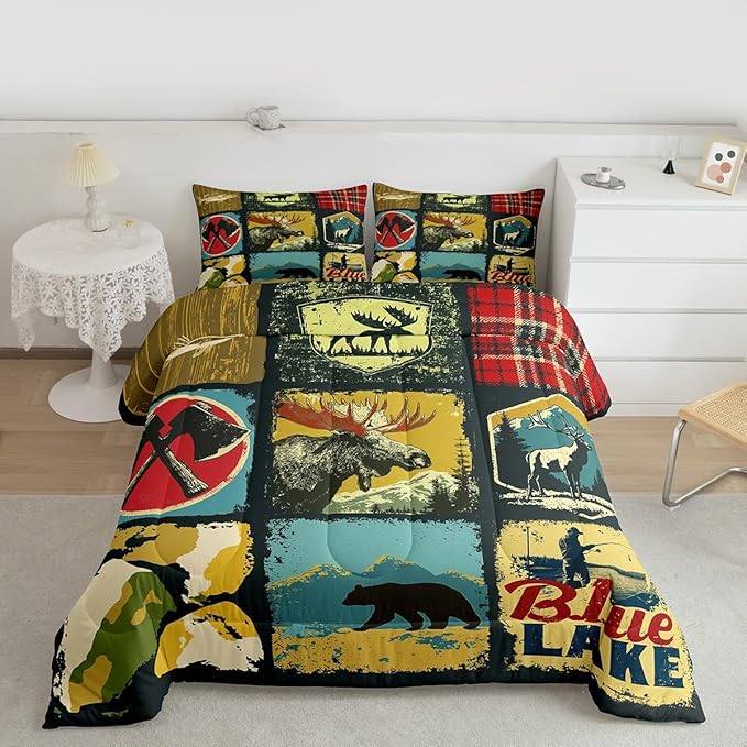 Hunting Bear Comforter Set, Rustic Farmhouse Bedding Sets for Kids Teens Adult Cabin Lodge Decor, Vintage Woodland Wildlife Moose Down Comforter, Retro Buffalo Plaid Quilted Duvet, Yellow Red, Queen