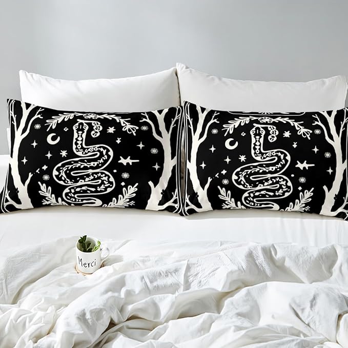 Erosebridal Halloween Gothic Twin Bedding Set, Goth Snake Comforter Set for Kids Boys Girls Teens Women Men Retro Halloween Decor, Sun and Moon Black Comforter, Terror Theme Black Goth Quilt