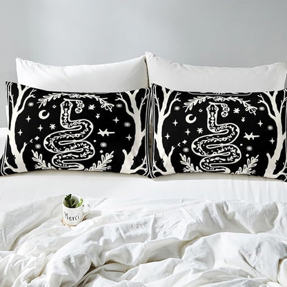 Erosebridal Halloween Gothic Queen Bedding Set, Goth Snake Comforter Set for Kids Boys Girls Teens Women Men Retro Halloween Decor, Sun and Moon Black Comforter, Terror Theme Black Goth Quilt