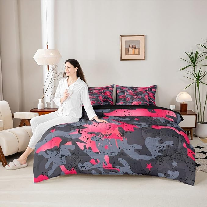 Erosebridal Graffiti King Comforter Set Camouflage 7-Piece Bed in A Bag Ombre Statrs Camo Watercolor Grunge Sheets and Pillowcases Grey Pink Bed Sets