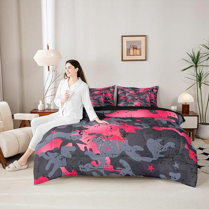 Erosebridal Graffiti King Comforter Set Camouflage 7-Piece Bed in A Bag Ombre Statrs Camo Watercolor Grunge Sheets and Pillowcases Grey Pink Bed Sets