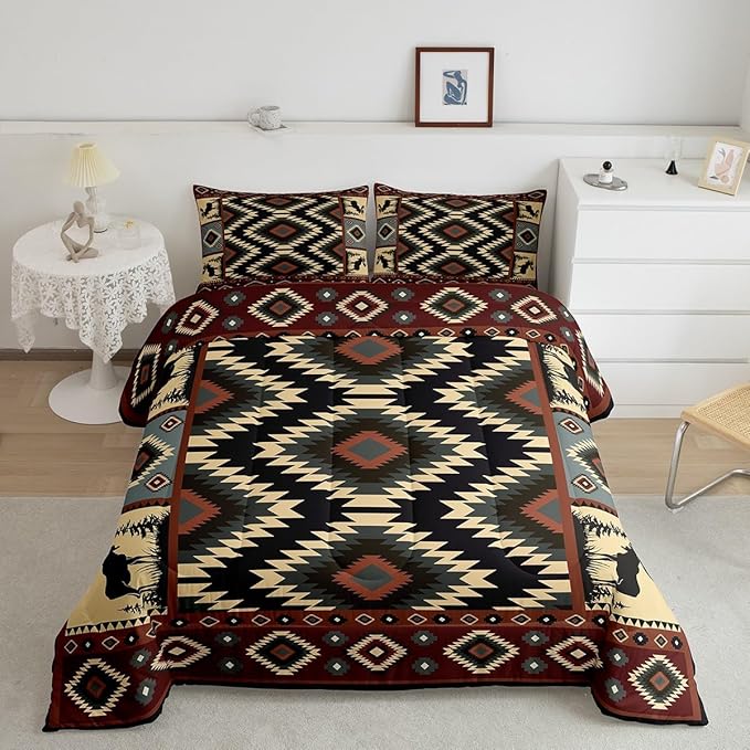 Erosebridal Buffalo Southwest Rustic Queen Comforter Set,Country Farmhouse Aztec Bedding Set for Teens Adult,Tribal Deer Comforter Wildlife Hunting Theme Duvet Insert Western Cabin Decor,3 Piece