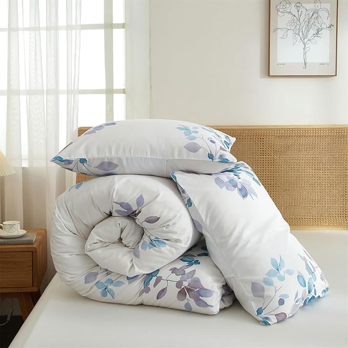 mixinni Floral White Comforter Set Full Size, Farmhouse Bedding Sets Soft Fluffy Fresh Blue/Purple Leaves Comforter for All Season, 3 Pieces Cute Floral Bedding Comforter Set for Women