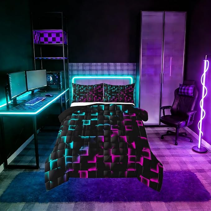 Erosebridal Geometric Checkered Comforter Set King Neon Teal Purple Bedding Set for Kids Boys Teen Men Gamer Room Decor,Abstract Ombre Plaid Comforter Grids Quilt Duvet Black