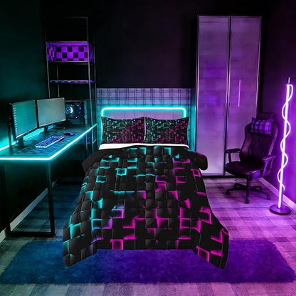 Erosebridal Geometric Checkered Comforter Set Twin Neon Teal Purple Bedding Set for Kids Boys Teen Men Gamer Room Decor,Abstract Ombre Plaid Comforter Grids Quilt Duvet Black