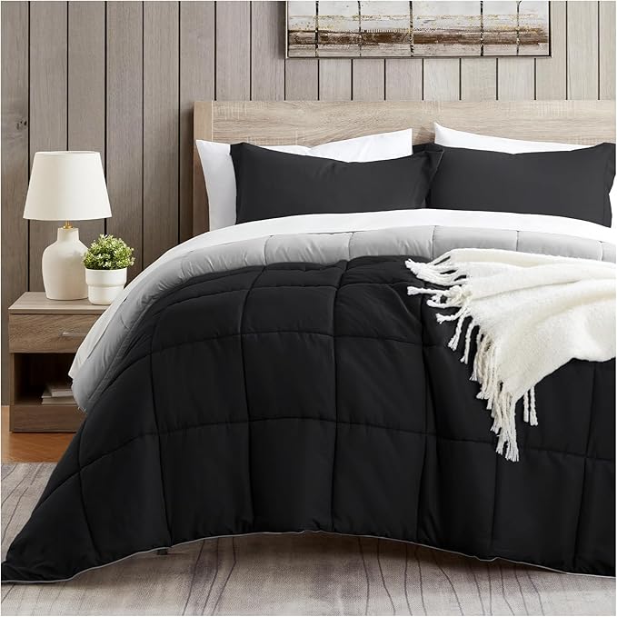 satisomnia Twin Comforter Set, Black Bedding Comforters Twin XL Size, 2 Pieces Down Alternative Bed Comforter Lightweight, Soft Quilted Bed Set Breathable, Reversible All Season Bedding Sets