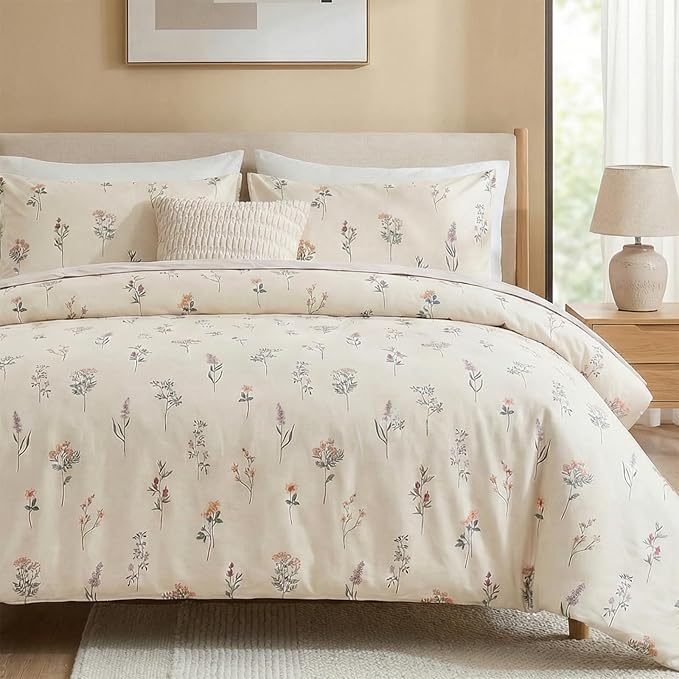 100% Cotton Comforter Set King Size Cute Floral Bedding Comforter Sets 3 Pieces Chic Garden Printed Comforter Sets Breathable Soft Reversible Botanical Comforter(Floral, King)