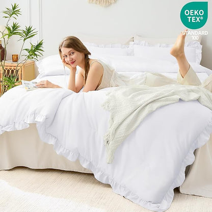 FUANNA King Size Comforter Set White, 3 Pieces Ruffle King Bedding Set, Fluffy Farmhouse Bed in a Bag King with 1 Lightweight Comforter & 2 Pillowshams