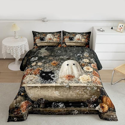 Erosebridal Halloween Vintage Ghost Comforter Set Toddler, Boho Floral Boho Bathtub Bedding Set for Kids Boys Girls Halloween Bedroom, Mystical Ghost Cat Comforter, Spooky Bubble Bath Art Quilt
