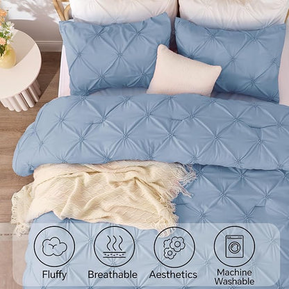 BEDELITE Cornflower Blue Twin Comforter Set - 2 Peices Boho Pintuck Bedding Comforter Sets, Lightweight Soft & Warm Twin Bedding Sets with 1 Pillowcase for All Season