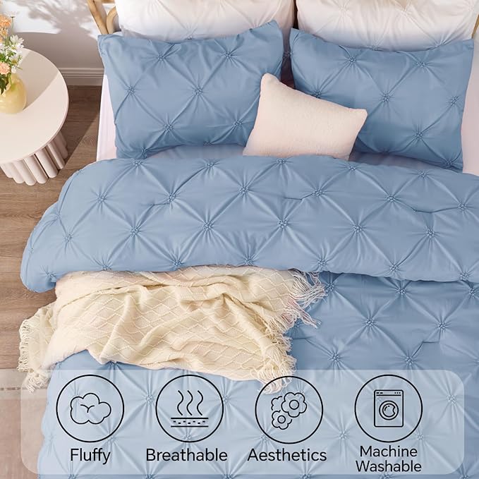 BEDELITE Cornflower Blue Queen Comforter Set - 3 Pieces Boho Pintuck Bedding Comforter Sets, Lightweight Soft & Warm Bed Comforter Queen with 2 Pillowcases for All Season