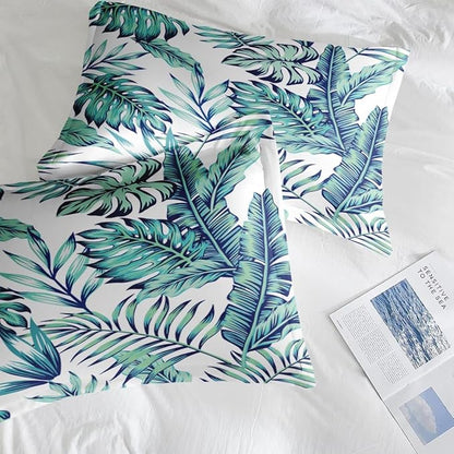 Comforter Set Full Size, Blue Green 7 Pcs Bedding for Kids and Adults, Tropical Palm Leaf Bed Sheet Sets with Fitted Sheet 2 Pillowcases & 2 Shams for Bedroom Bed Decor