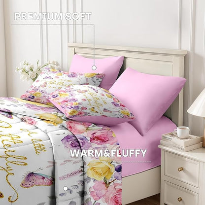 Nesker 7 Pcs Spring Comforter Set King Size, Pink Purple Floral Bedding Set for Kids and Adults, Roses Butterfly Bed Sheet Sets with Fitted Sheet 2 Pillowcases & 2 Shams