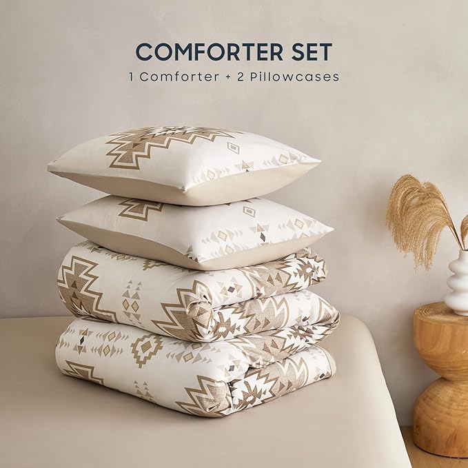 Wake In Cloud - Western Comforter Set, Boho Southwestern Rustic Farmhouse Style with Aztec Geometric Block Pattern, Soft Lightweight Bedding, 3 Pieces, Taupe Beige, Queen Size