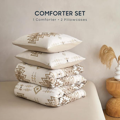 Wake In Cloud - Western Comforter Set, Boho Southwestern Rustic Farmhouse Style with Aztec Geometric Block Pattern, Soft Lightweight Bedding, 3 Pieces, Taupe Beige, Queen Size