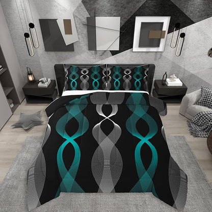Erosebridal Teal and Black Twin Comforter Set for Men, Teal Striped Boho Abstract Bedding Set for Boys Adults, Contemporary Aesthetic Wavy Line Comforter, Modern Gradient Geometric Stripes Quilt