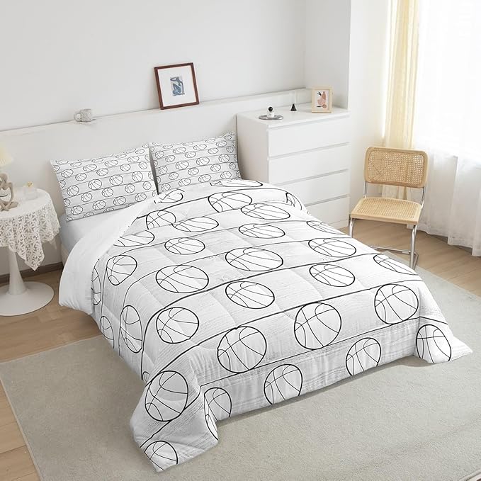 Manfei Basketball Comforter Set Full Size, Sports Gaming Theme Bedding Set for Kids Boys Girls Room Decor, Grey Wooden Plsnk Down Comforter, Lightweight Duvet Insert,2 Pillowcases