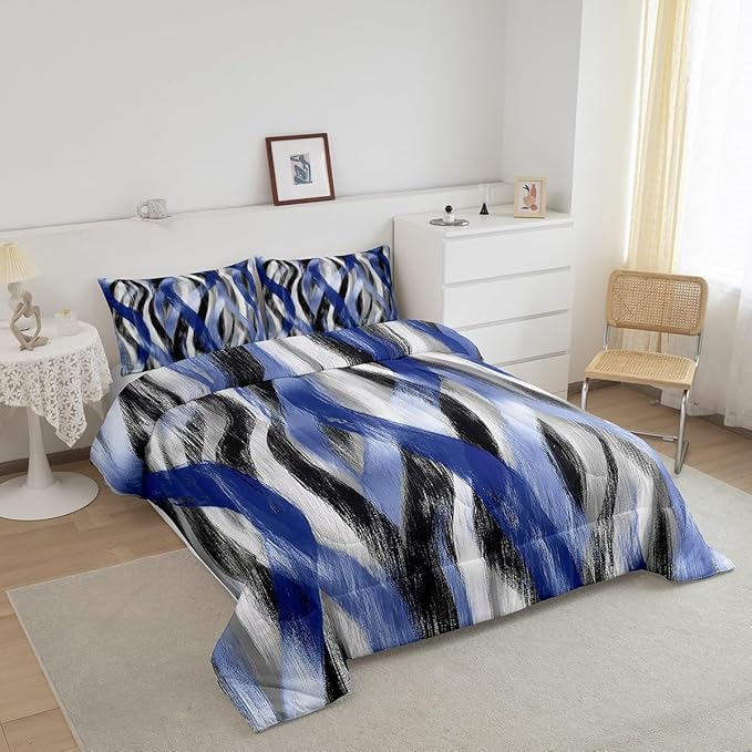 Erosebridal Geometric Stripes Comforter Full Modern Abstract Comforter Set Black Grey Navy Blue Bedding Set for Kids Boys Girls Teen Swirl Lines Quilt Duvet Room Decor 3 Pcs