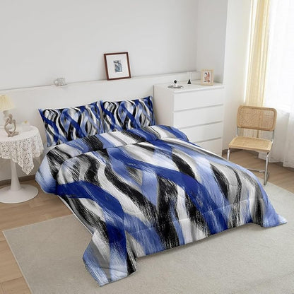 Erosebridal Geometric Stripes Comforter Toddler Modern Abstract Comforter Set Black Grey Navy Blue Bedding Set for Kids Boys Girls Teen Swirl Lines Quilt Duvet Room Decor 2 Pcs