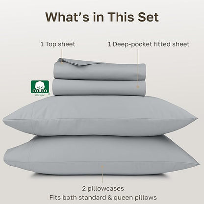California Design Den Thick and Natural Queen Sheet Set 100% Cotton - 1000 Thread Count Sateen, Durable Bed Sheets Queen Set - Light Grey