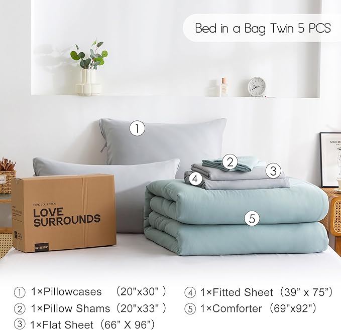 COTTEBED Ultra-Soft Twin Comforter Set with Sheets - 5 Pieces Bed in a Bag Twin Down Comforter & Bedding Sheet Sets, Lightweight Boho Cozy Washed PolyCotton for Kids Boy Girl All Season Use,Sage Green