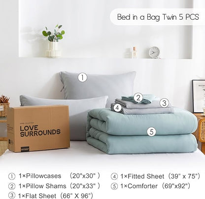 COTTEBED Ultra-Soft Twin Comforter Set with Sheets - 5 Pieces Bed in a Bag Twin Down Comforter & Bedding Sheet Sets, Lightweight Boho Cozy Washed PolyCotton for Kids Boy Girl All Season Use,Sage Green