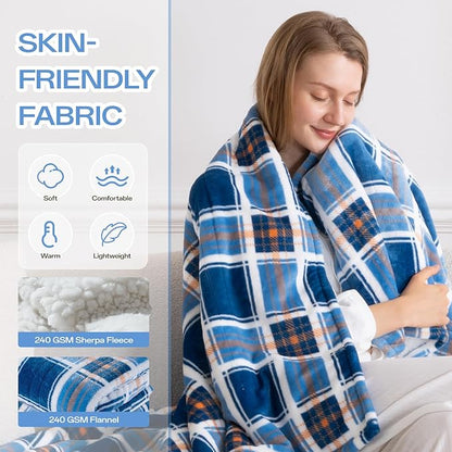 Twin Size Electric Blanket Heated, 62" x 84" Blue Plaid Heated Blanket with 8 Heat Levels & 10 Hours Auto Off, Fast Heating Blankets Machine Washable with ETL & FCC Certification