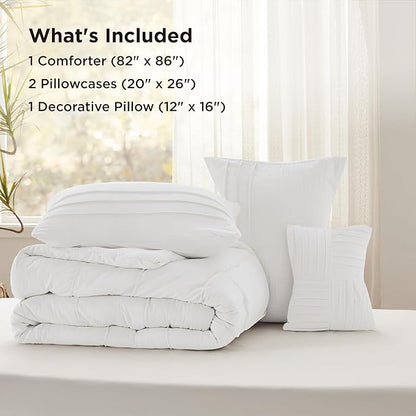 Bedsure Full Comforter Set - 4 Pieces Pinch Pleat Bed Set, White Boho Bedding for All Season, 1 Soft Comforter, 2 Pillowcases, 1 Decorative Pillow