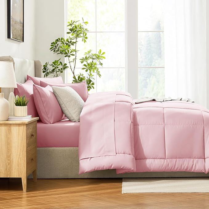 CozyLux King Size Comforter Set Pink, 7 Pieces Bed in a Bag, Pink Comforter King Size, All Season Bedding Sets with Stitch Quilted Comforter, Flat Sheet, Fitted Sheet, Pillowcases