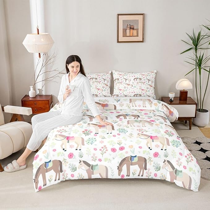 Bohemian Horse Bedding Sets Twin Size,Rustic Farmhouse Comforter Set 2Pcs for Kids Girls Boys Women Room Decor,Pink Flower Leaves Quilted Duvet Wild Animals Plant Down Comforter,1 Pillowcase