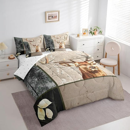 Erosebridal Elk Deer Comforter Set 7 Piece Bed in a Bag Twin,Woodland Animals Bedding Sets Wild Animals Sheet Set with Comforter