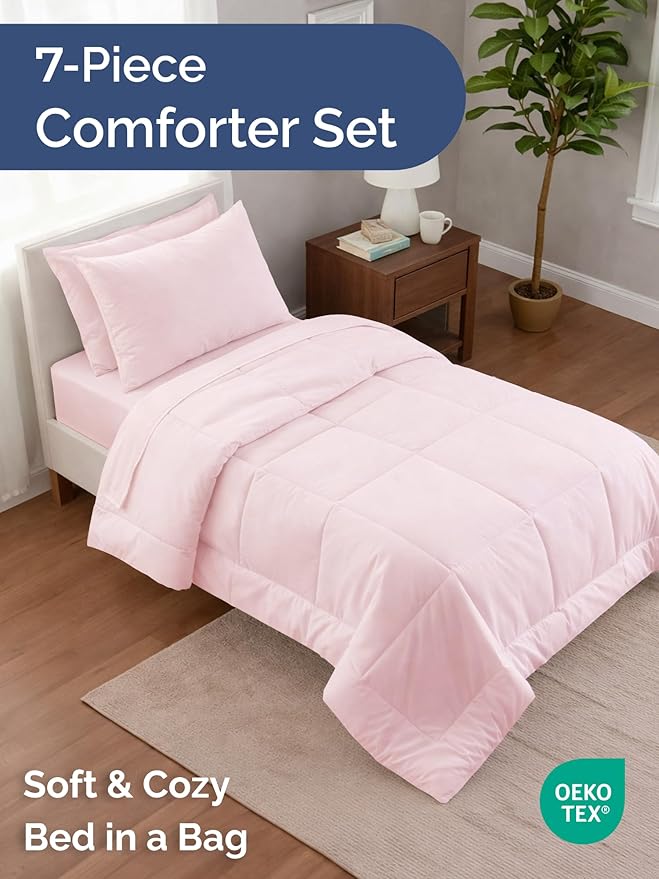 Twin XL Comforter Set - 5 Piece Bed in a Bag Twin XL Size Bed Set - Down Alternative Comforter, Flat Sheet, Fitted Sheet, Pillowcase & Sham for All Seasons - Soft, Comfy & Breathable - Lavender Pink