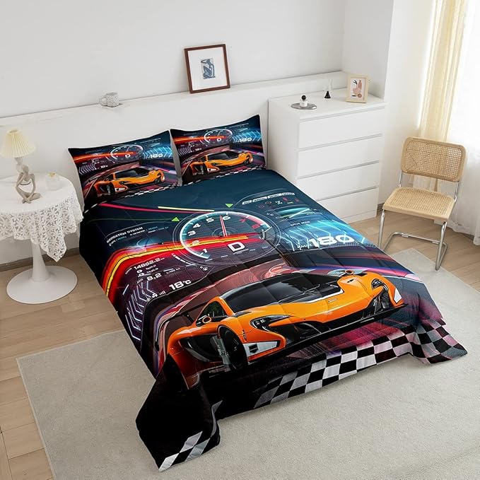 Feelyou Race Car Bedding Set Boys Extreme Sports Comforter Set for Kids Boys Cool Car Comforter Car Sports Quilt Set 1 Comforter Set with 2 Pillowcases King Size