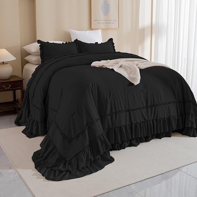 Masaca Oversized King Comforter Set 120x120,Farmhouse Shabby Boho Chic Black Ruffle California King Comforter Oversized French Country Rustic Bedding 3PCS (1 Ruffled Comforter+2 Pillow Shams)
