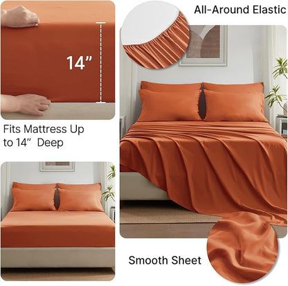 SunStyle Home Burnt Orange Full/Queen Comforter Set - 7 Pieces Bed in a Bag, Lightweight Goose Down Alternative Bedding Sets with All Season Comforter, 1 Flat Sheet, 1 Fitted Sheet, 4 Pillowcases